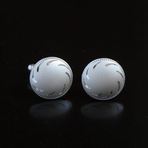 Vintage Modern Etched Cufflinks Round Silver Tone